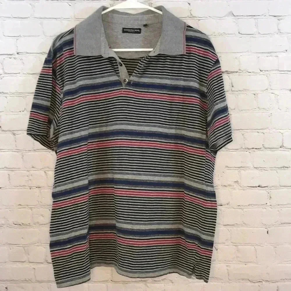 London Fog Gray Striped Mens Polo Large